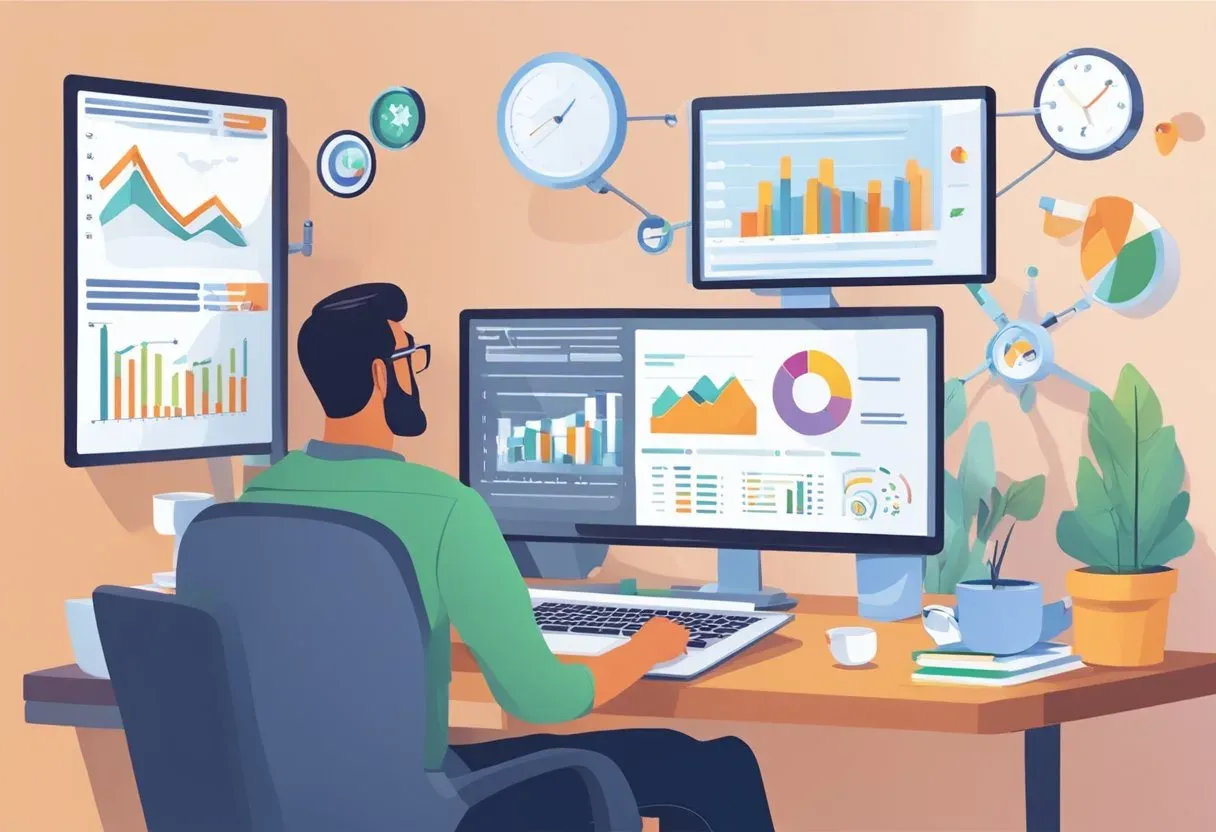 Illustration of an analyst reviewing charts across several screens