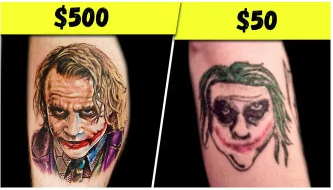 Two Joker tattoos compared, a $500 version beside a $50 version