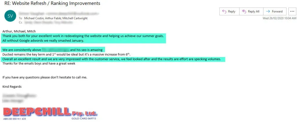 Client email thanking the team for the website refresh and ranking improvements