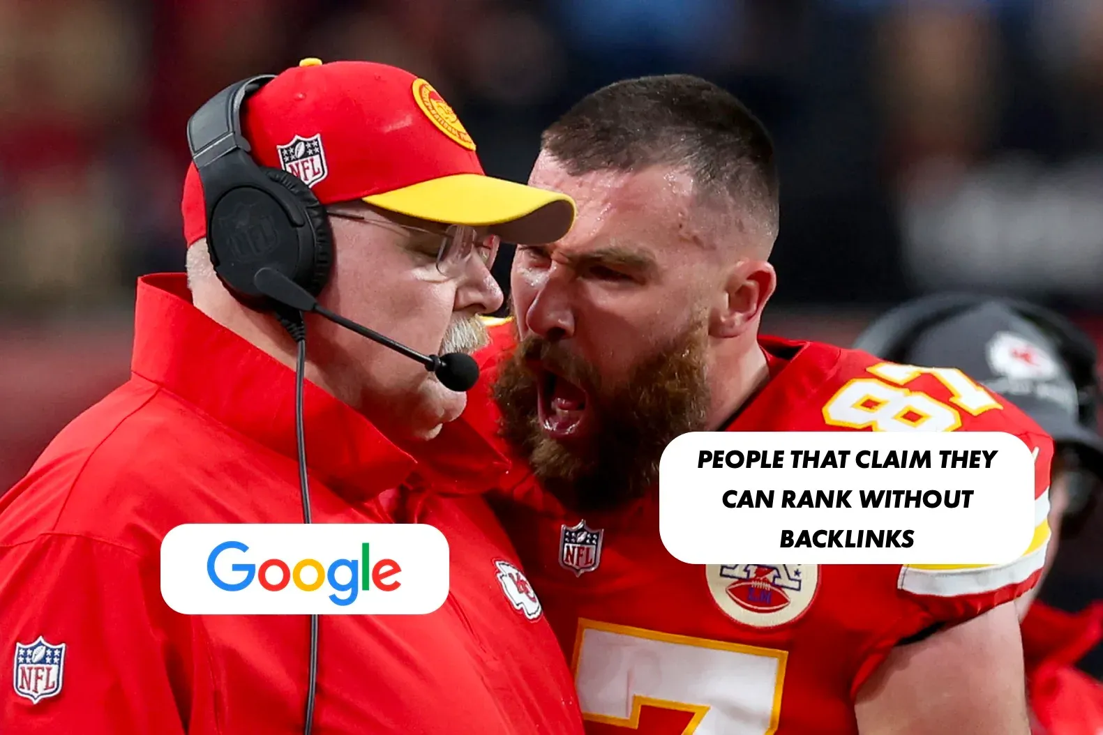 Coach shouting at a player meme, captioned people that claim they can rank without backlinks
