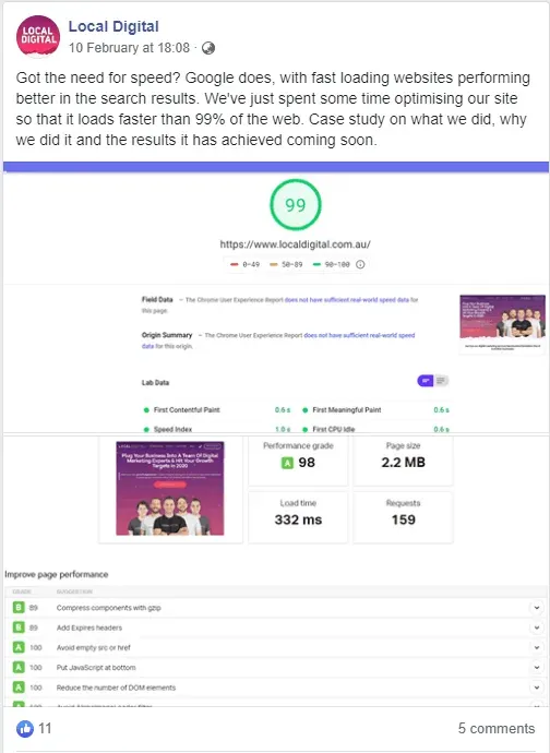 Local Digital Facebook post sharing its 99 out of 100 Google PageSpeed score