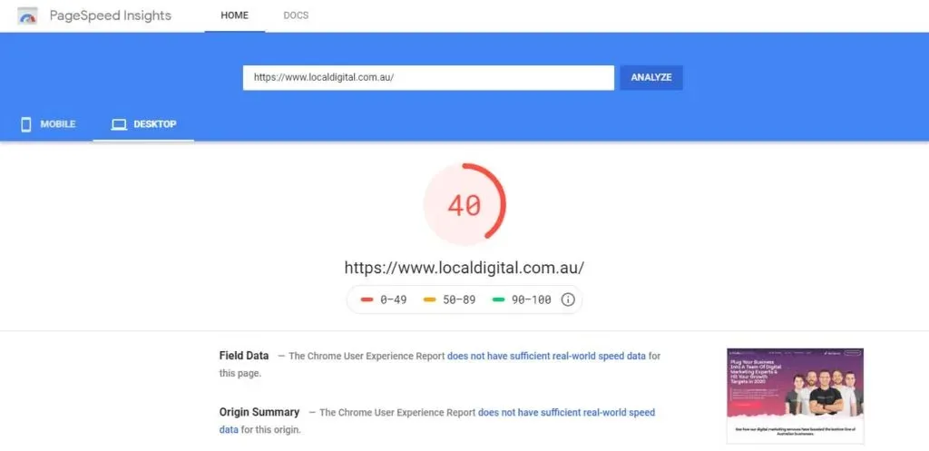 PageSpeed Insights desktop score of 40 for localdigital.com.au before optimisation