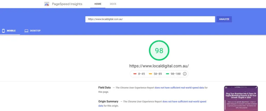 PageSpeed Insights mobile score of 98 for localdigital.com.au after optimisation
