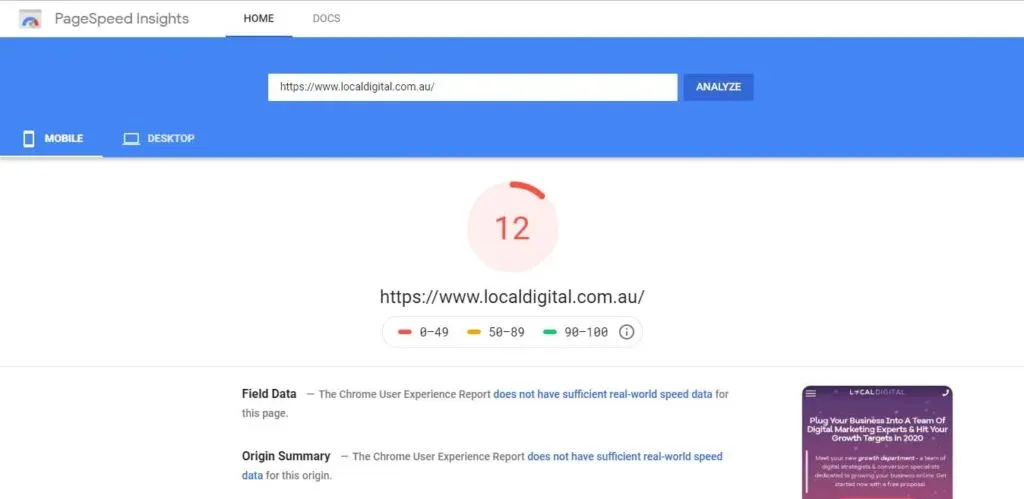 PageSpeed Insights mobile score of 12 for localdigital.com.au before optimisation