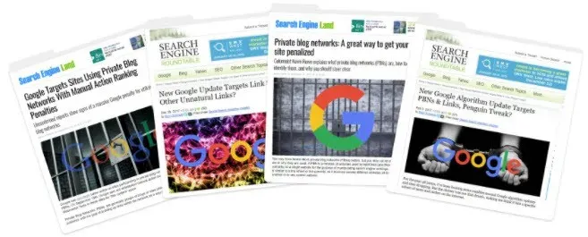 Collage of Search Engine Land headlines about Google penalising private blog networks