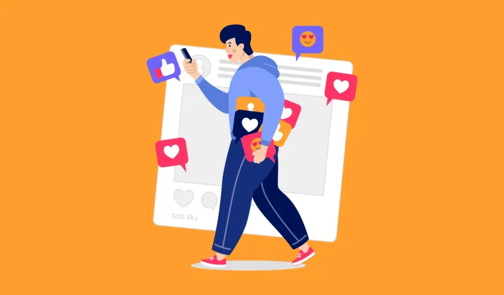 Illustration of someone reacting to social posts, for the awareness stage