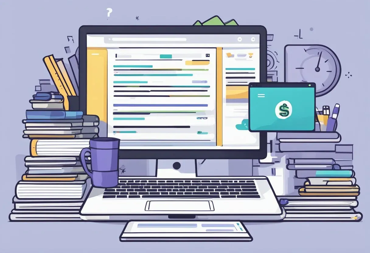Illustration of a laptop surrounded by books and a question mark