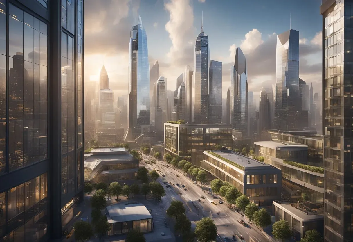 Illustration of a city skyline seen from a high-rise office window