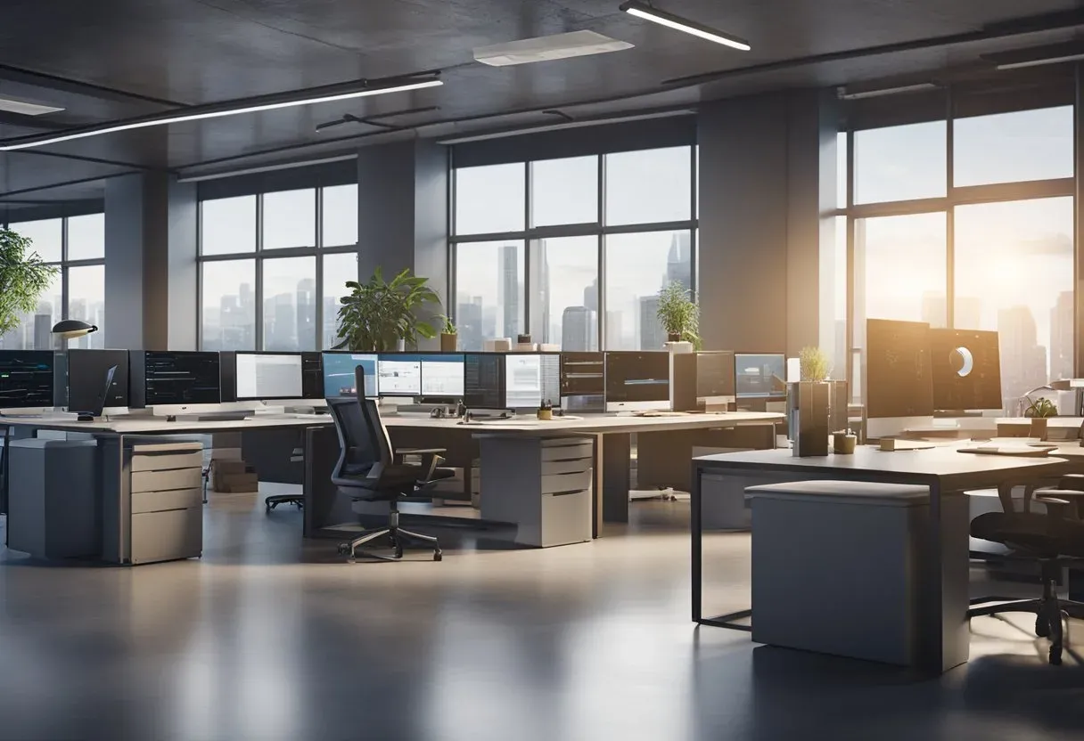 Illustration of an empty office floor with workstations and city views