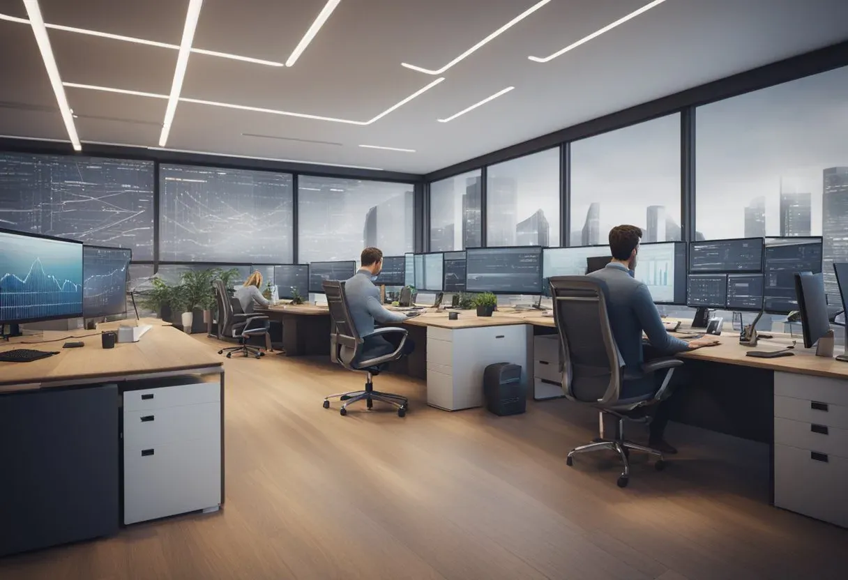 Illustration of an office where two analysts work at dashboard screens