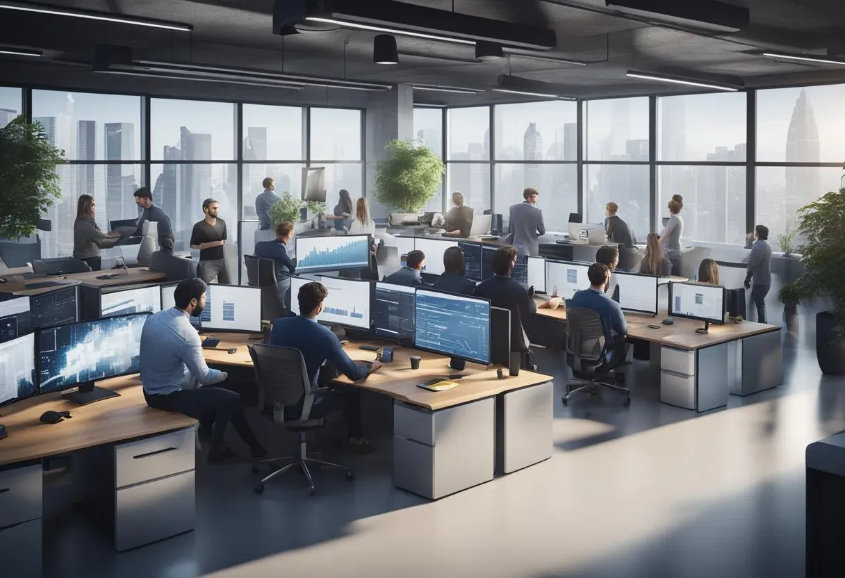 Illustration of a busy agency floor with teams working at dashboard screens