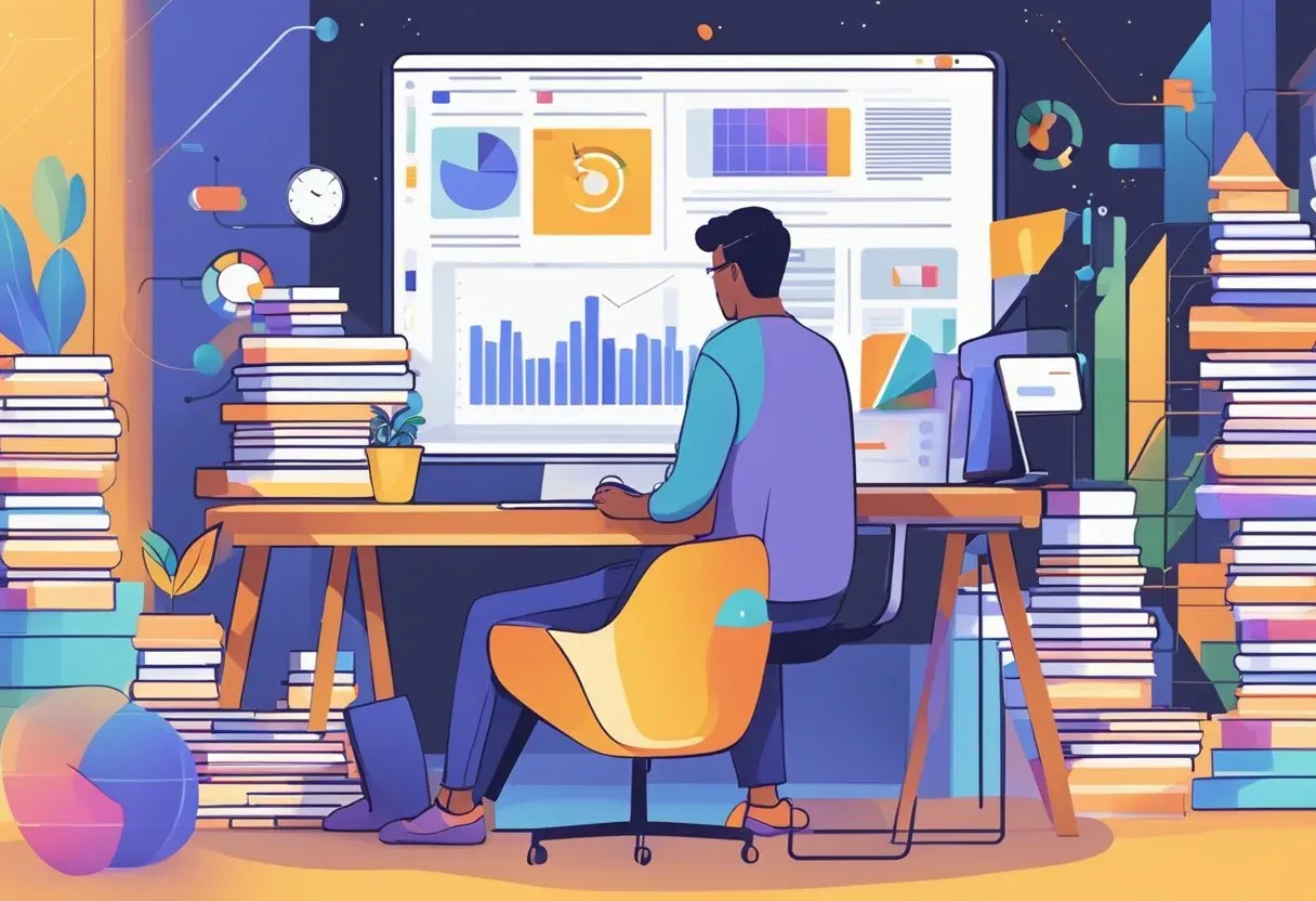 Illustration of a writer at a desk surrounded by stacks of books