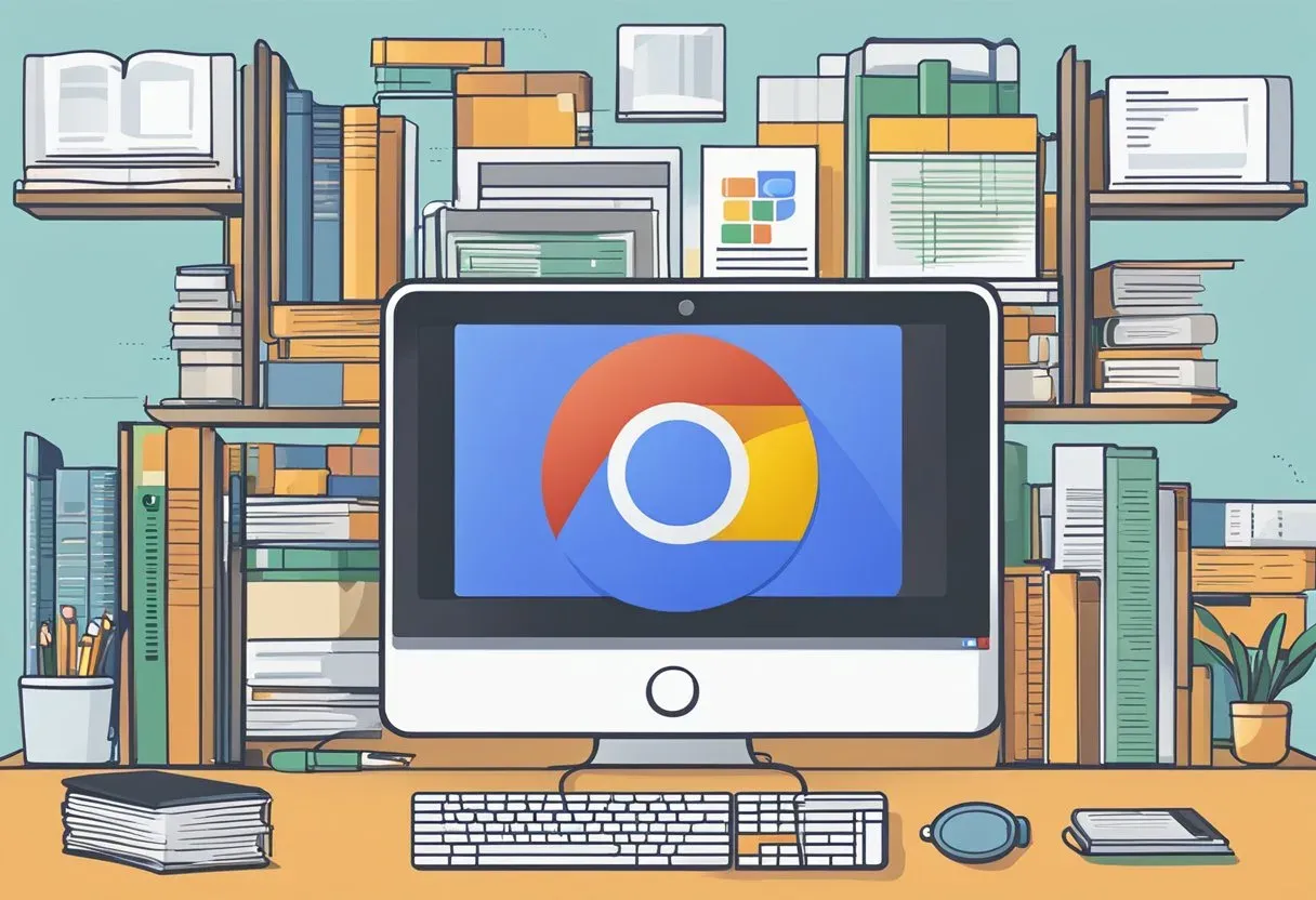 Illustration of a Chrome browser on a desktop surrounded by books