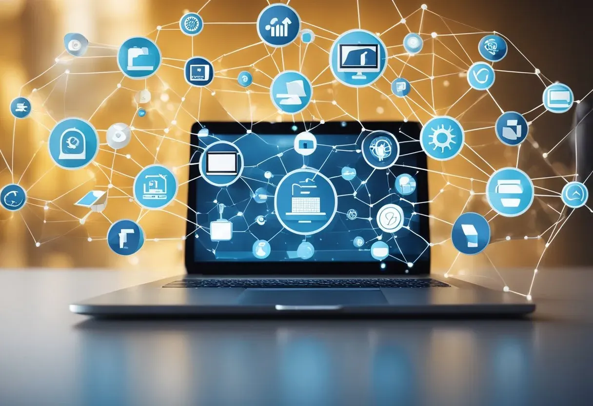A laptop surrounded by various website icons, with a network of interconnected lines representing link building techniques in modern SEO