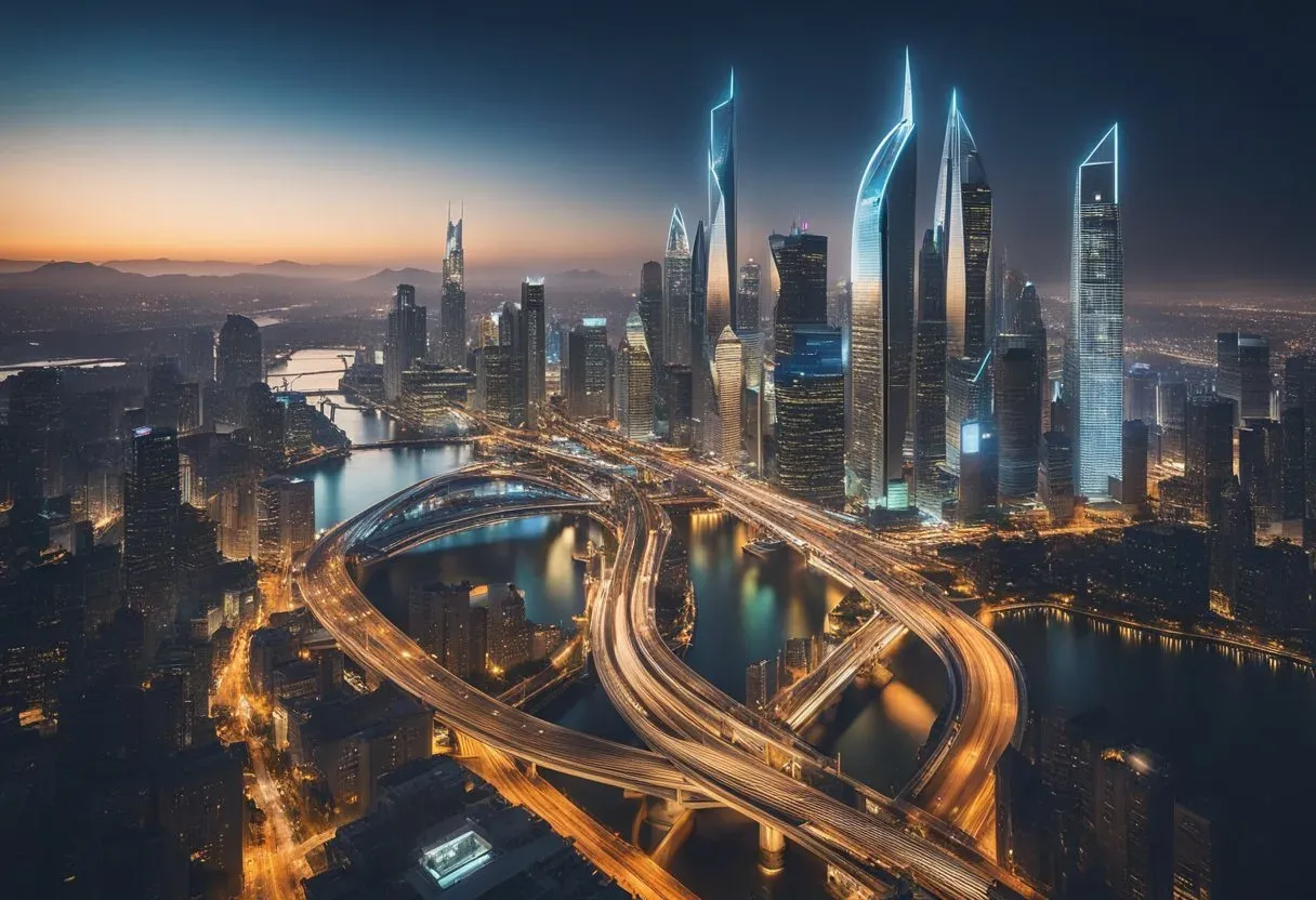 A modern city skyline with futuristic skyscrapers interconnected by sleek, angular bridges. Bright lights and digital displays illuminate the scene, showcasing the cutting-edge link building techniques of the modern SEO era